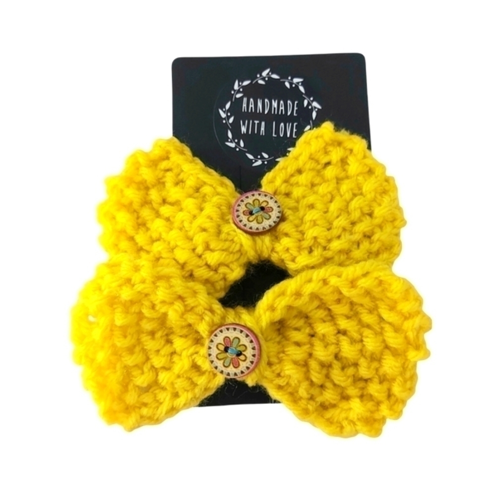 Hand Knit Girls Yellow Ponytail Bows Set Of Two - Picture 3 of 4